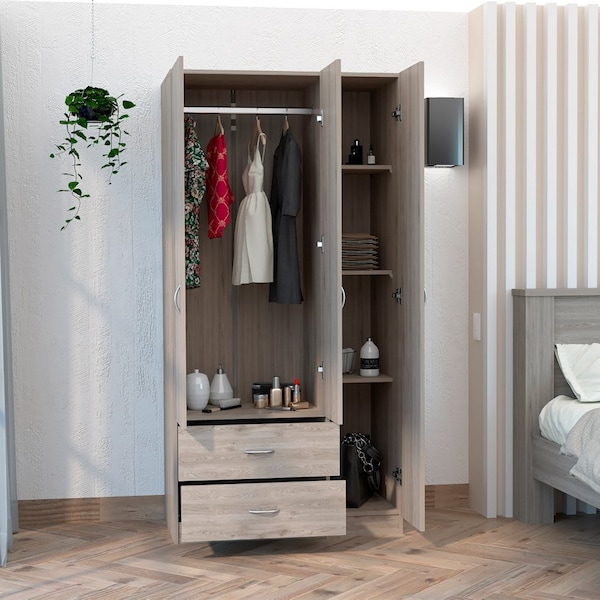 Tuhome Austral 3 Door Armoire with Drawers, Shelves, and Hanging Rod, Light Gray CLZ5534 - main